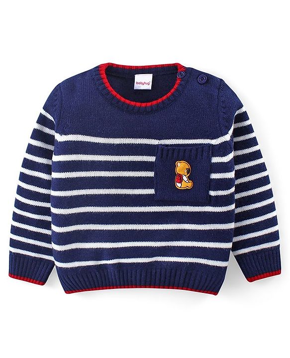 Babyhug Knitted Full Sleeves Striped Pullover Sweater Set - Navy Blue