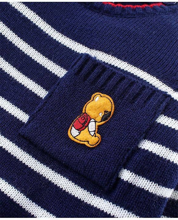 Babyhug Knitted Full Sleeves Striped Pullover Sweater Set - Navy Blue