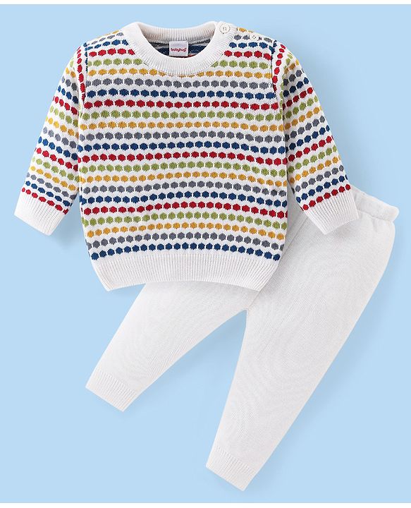 Babyhug Knit Full Sleeves Sweater Set with Design - White
