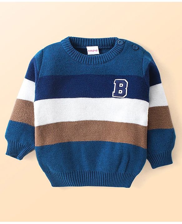 Babyhug Knitted Full Sleeves Striped Pullover Sweater Set - Navy Blue