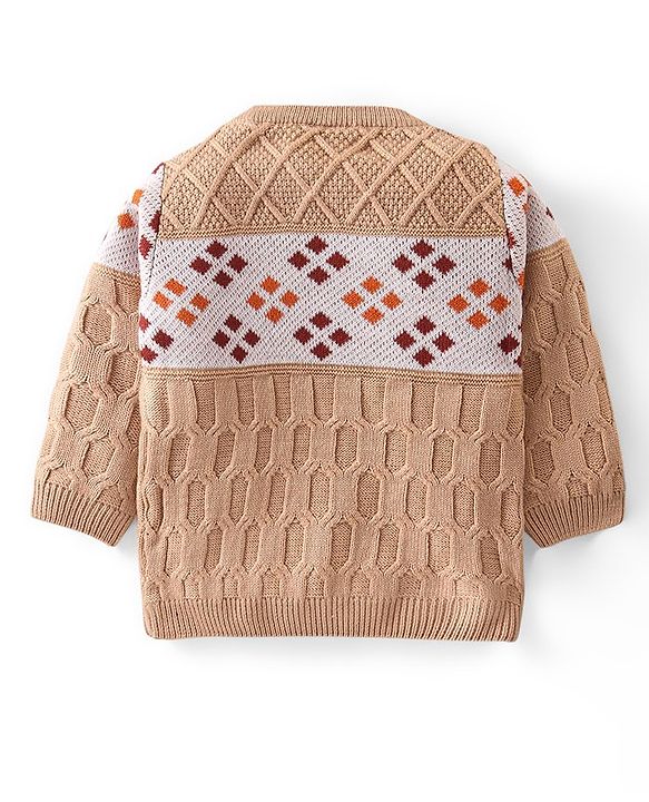 Babyhug Knitted Full Sleeves Cable Knit Designed Pullover Sweater Set - Beige