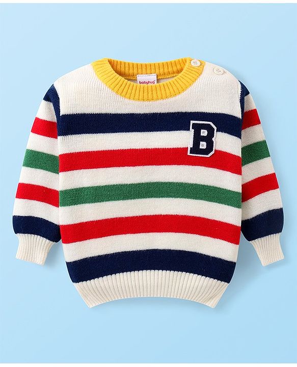 Babyhug Knitted  Full Sleeves Pullover Striped Sweater Set - White Red & Green