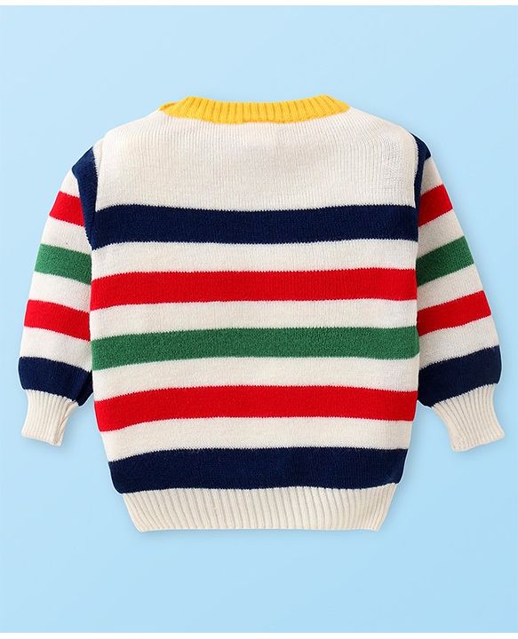 Babyhug Knitted  Full Sleeves Pullover Striped Sweater Set - White Red & Green