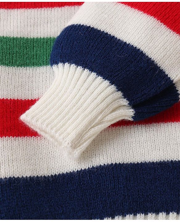 Babyhug Knitted  Full Sleeves Pullover Striped Sweater Set - White Red & Green