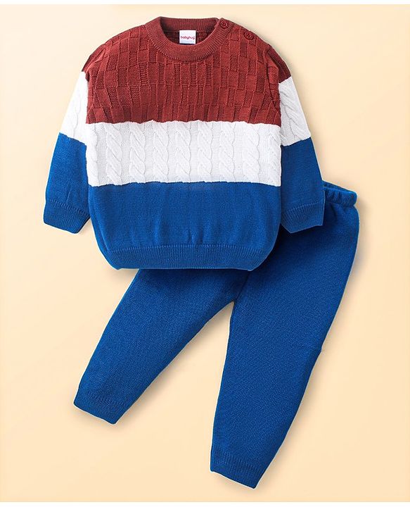Babyhug Knitted Full Sleeves Pullover Sweater Set with Colour Block Design - Navy Blue