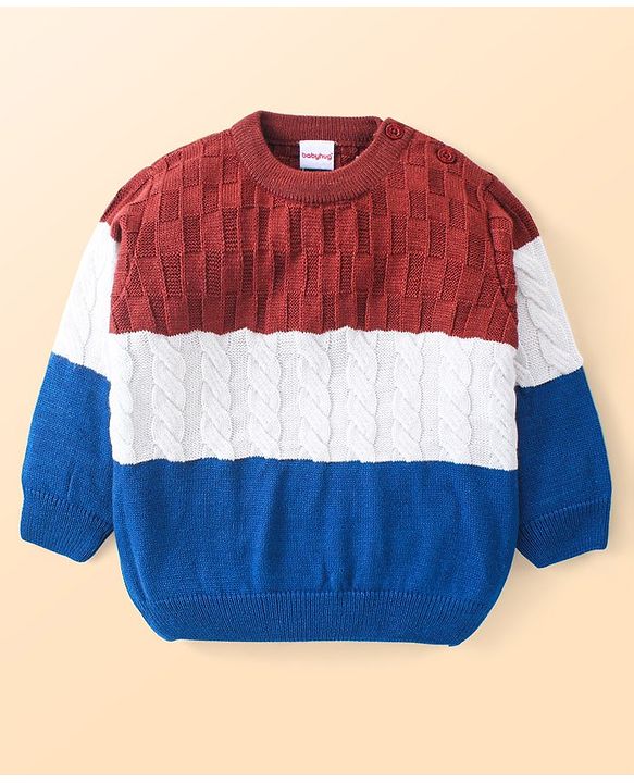 Babyhug Knitted Full Sleeves Pullover Sweater Set with Colour Block Design - Navy Blue