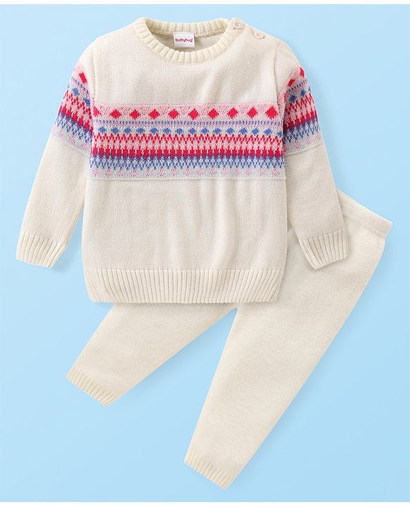 Babyhug Knitted Full Sleeves Aztec Designed Pullover Sweater Set - Off White