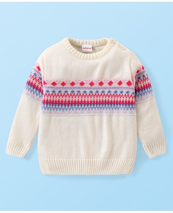 Babyhug Knitted Full Sleeves Aztec Designed Pullover Sweater Set - Off White