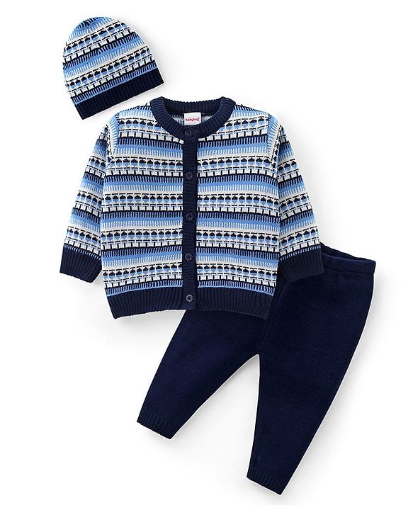 Babyhug Knit Full Sleeves Front Open Sweater Set with Aztec Design & Cap - Navy Blue