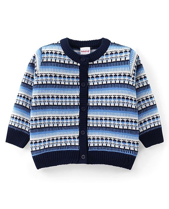 Babyhug Knit Full Sleeves Front Open Sweater Set with Aztec Design & Cap - Navy Blue