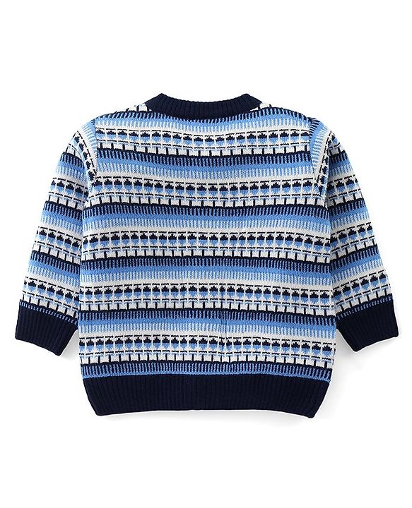 Babyhug Knit Full Sleeves Front Open Sweater Set with Aztec Design & Cap - Navy Blue