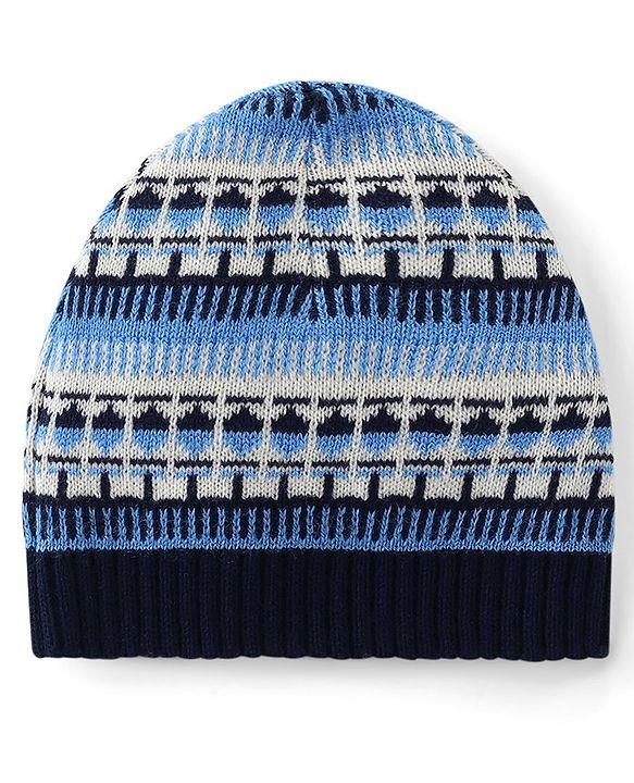Babyhug Knit Full Sleeves Front Open Sweater Set with Aztec Design & Cap - Navy Blue