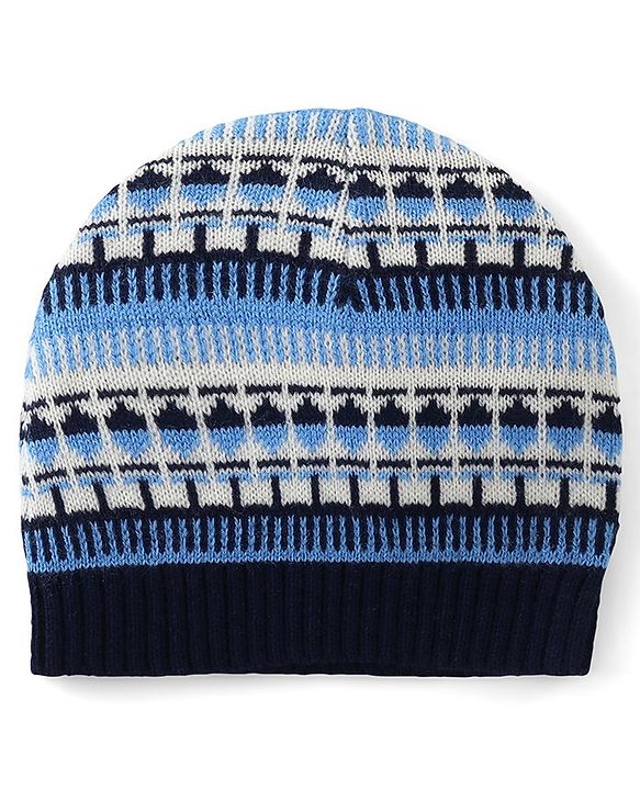 Babyhug Knit Full Sleeves Front Open Sweater Set with Aztec Design & Cap - Navy Blue
