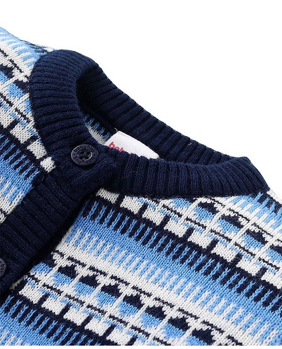 Babyhug Knit Full Sleeves Front Open Sweater Set with Aztec Design & Cap - Navy Blue