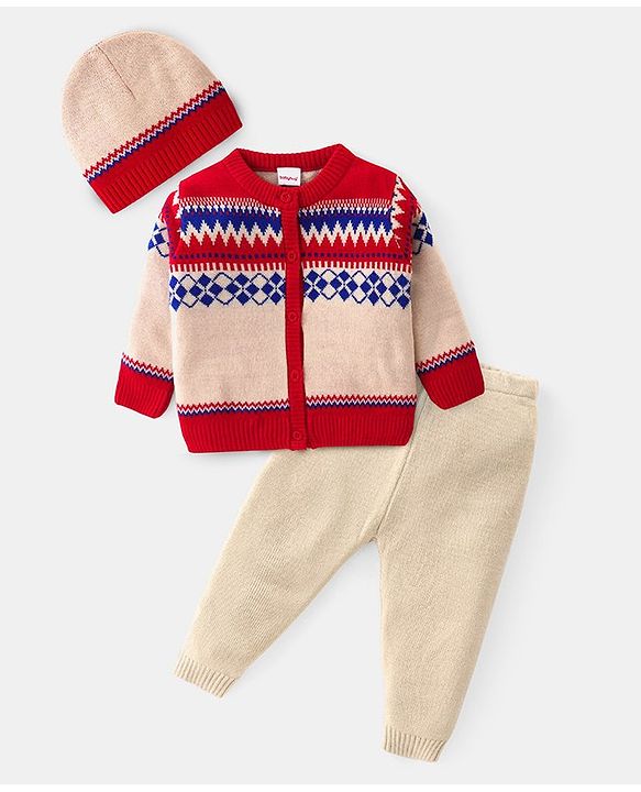 Babyhug Knitted Full Sleeves Front Open Sweater Set with Cap Ikat Design - Red