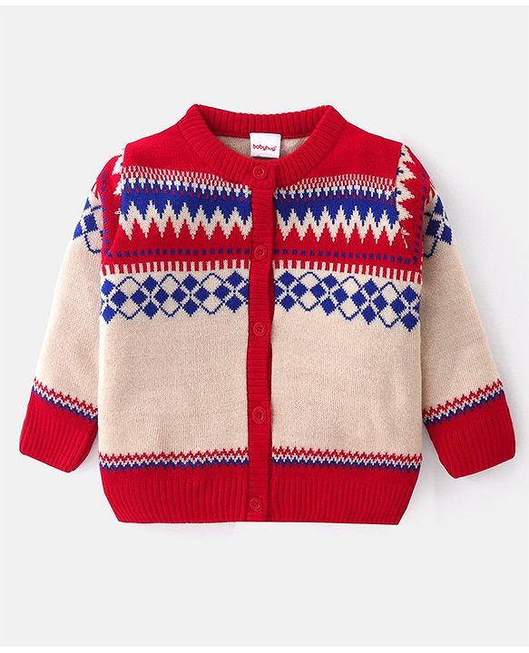 Babyhug Knitted Full Sleeves Front Open Sweater Set with Cap Ikat Design - Red