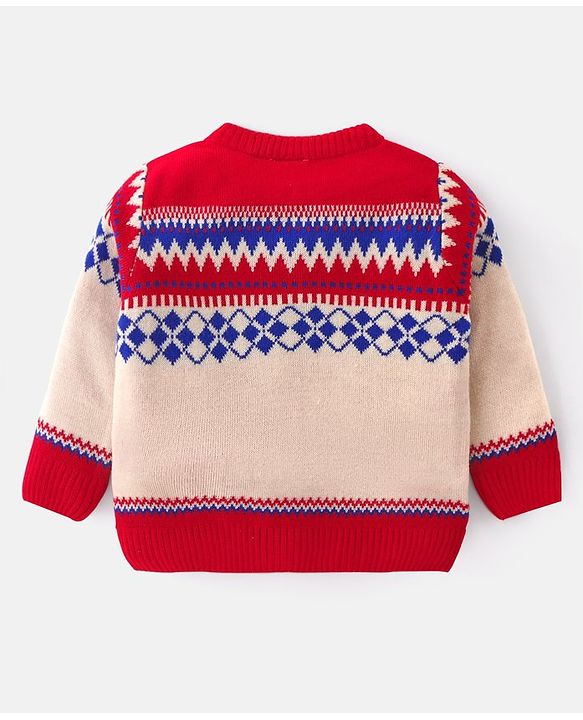 Babyhug Knitted Full Sleeves Front Open Sweater Set with Cap Ikat Design - Red