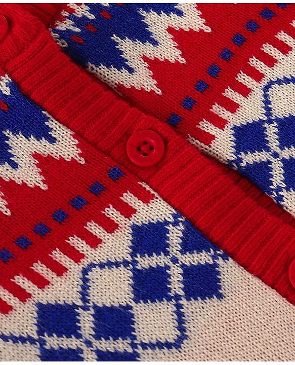 Babyhug Knitted Full Sleeves Front Open Sweater Set with Cap Ikat Design - Red