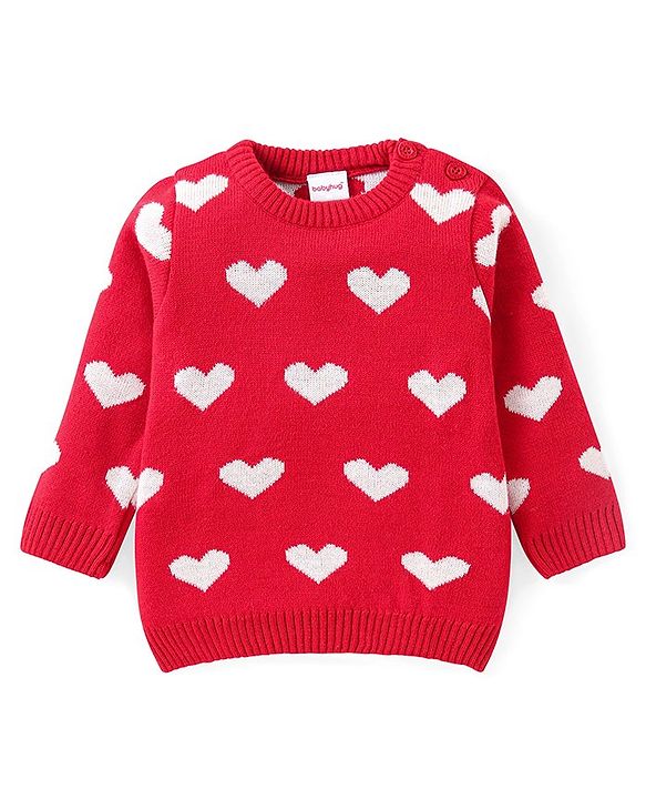 Babyhug Knitted Full Sleeves Heart Designed Pullover Sweater Set - Red