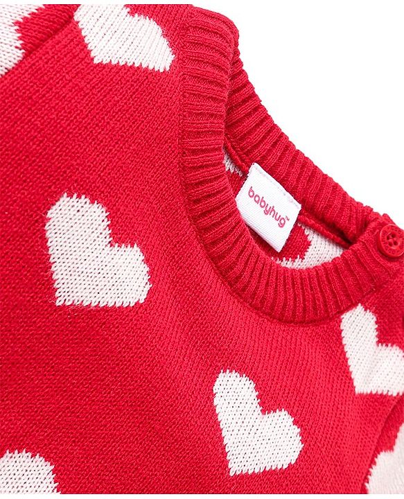 Babyhug Knitted Full Sleeves Heart Designed Pullover Sweater Set - Red