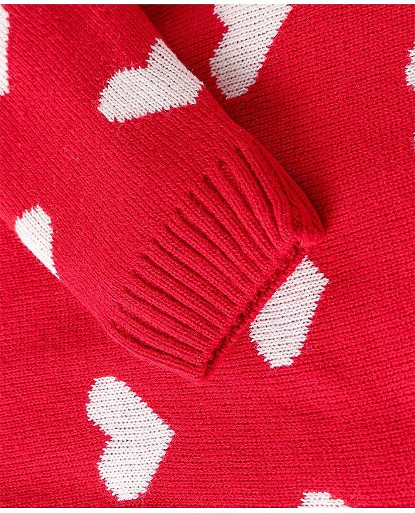 Babyhug Knitted Full Sleeves Heart Designed Pullover Sweater Set - Red