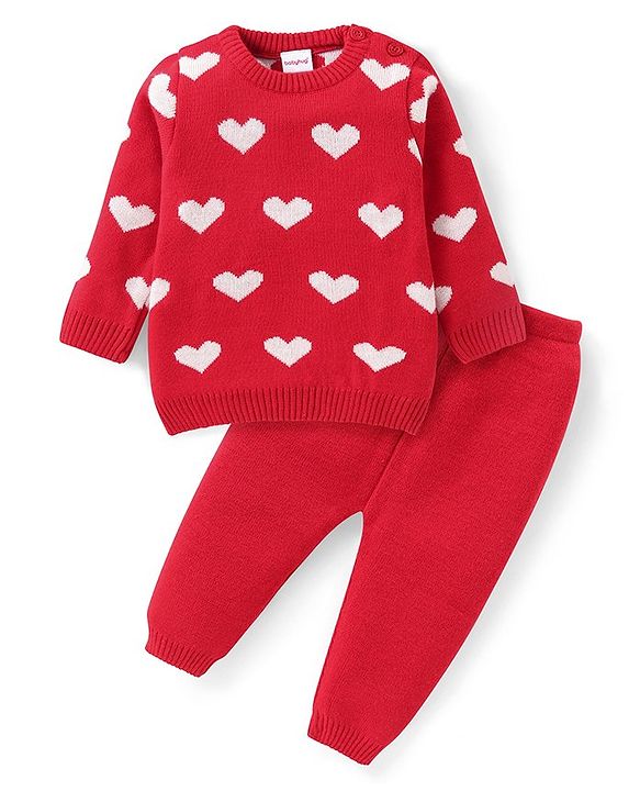 Babyhug Knitted Full Sleeves Heart Designed Pullover Sweater Set - Red