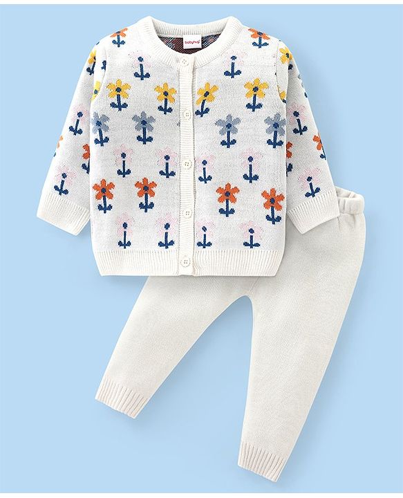Babyhug Knitted Full Sleeves Front Open Sweater Set with Floral Design - Offwhite