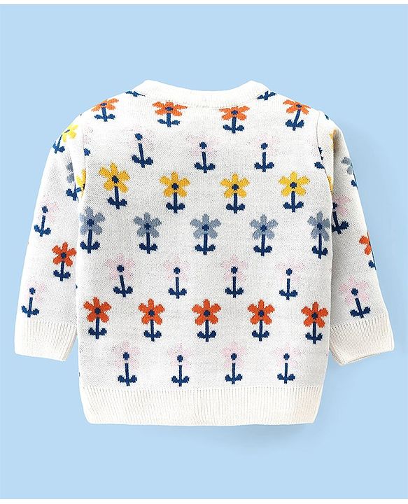 Babyhug Knitted Full Sleeves Front Open Sweater Set with Floral Design - Offwhite