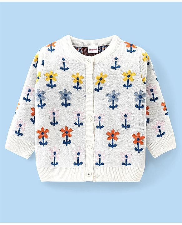 Babyhug Knitted Full Sleeves Front Open Sweater Set with Floral Design - Offwhite