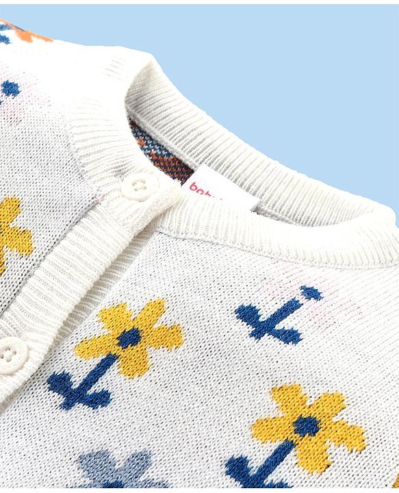 Babyhug Knitted Full Sleeves Front Open Sweater Set with Floral Design - Offwhite