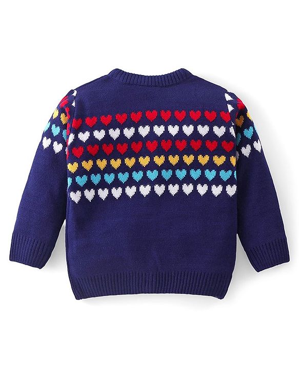 Babyhug Knit Full Sleeves Front Open Sweater Set with Hearts Design - Navy Blue