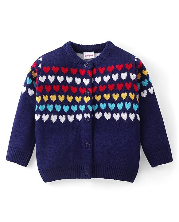 Babyhug Knit Full Sleeves Front Open Sweater Set with Hearts Design - Navy Blue
