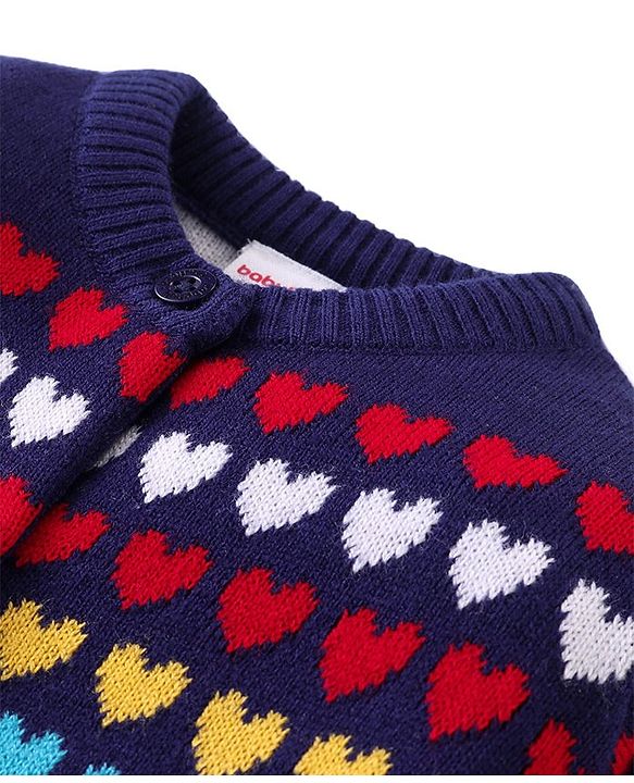 Babyhug Knit Full Sleeves Front Open Sweater Set with Hearts Design - Navy Blue