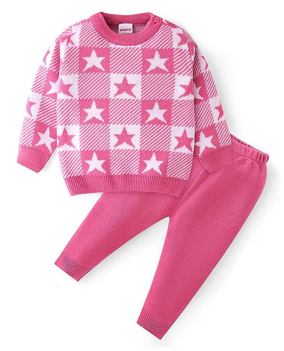 Babyhug Knit Full Sleeves Sweater Set With Star Design - Pink