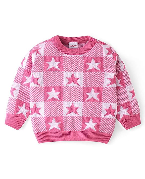 Babyhug Knit Full Sleeves Sweater Set With Star Design - Pink