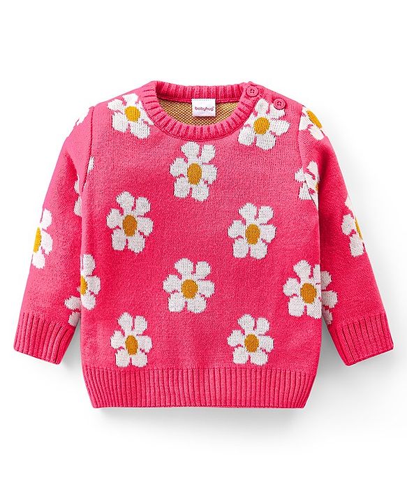Babyhug Knitted Full Sleeves Pullover Sweater Set with Floral Design - Pink