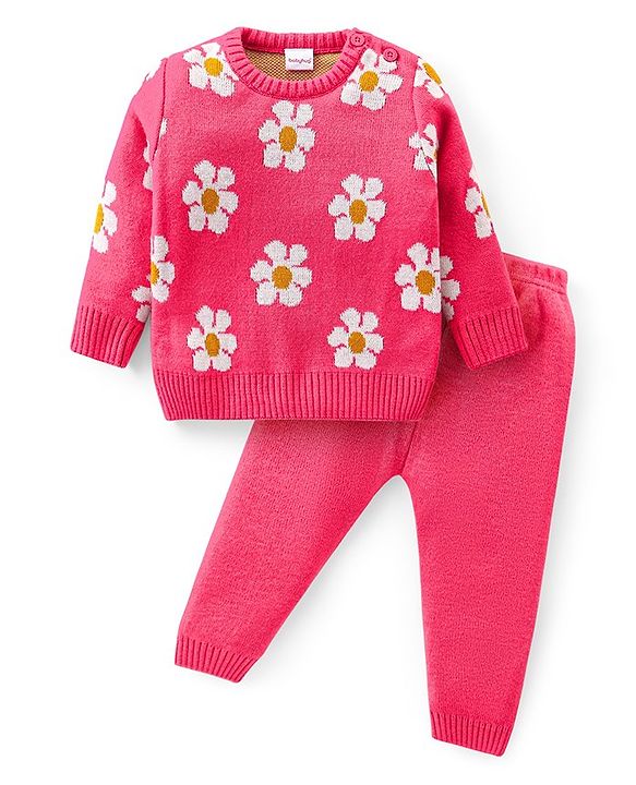 Babyhug Knitted Full Sleeves Pullover Sweater Set with Floral Design - Pink
