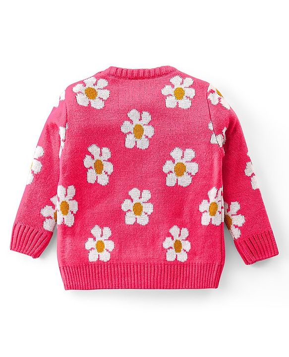 Babyhug Knitted Full Sleeves Pullover Sweater Set with Floral Design - Pink