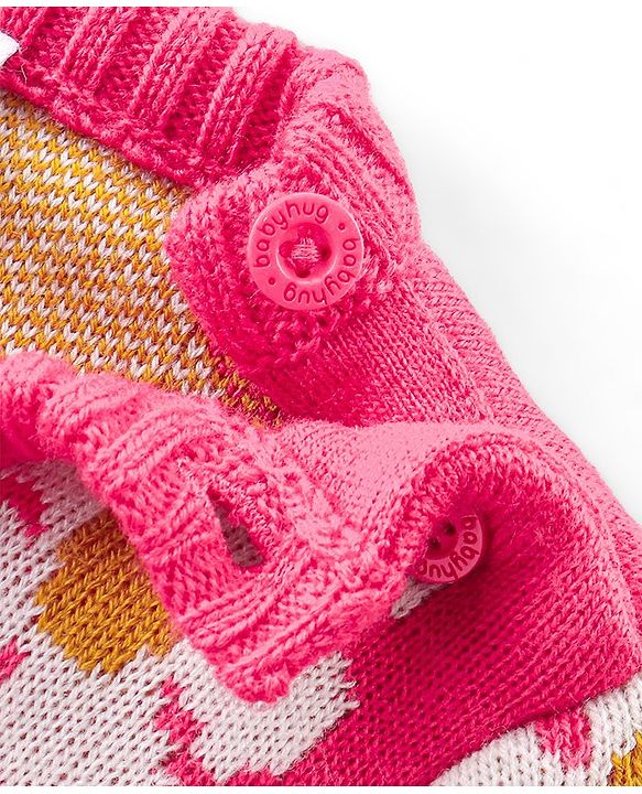 Babyhug Knitted Full Sleeves Pullover Sweater Set with Floral Design - Pink