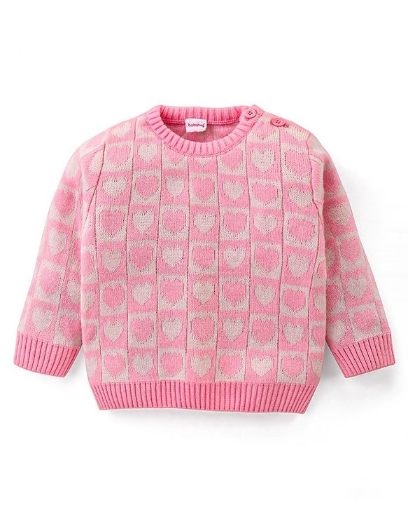 Babyhug Knitted Full Sleeves Pullover Sweater Set With Hearts Design - Light Pink