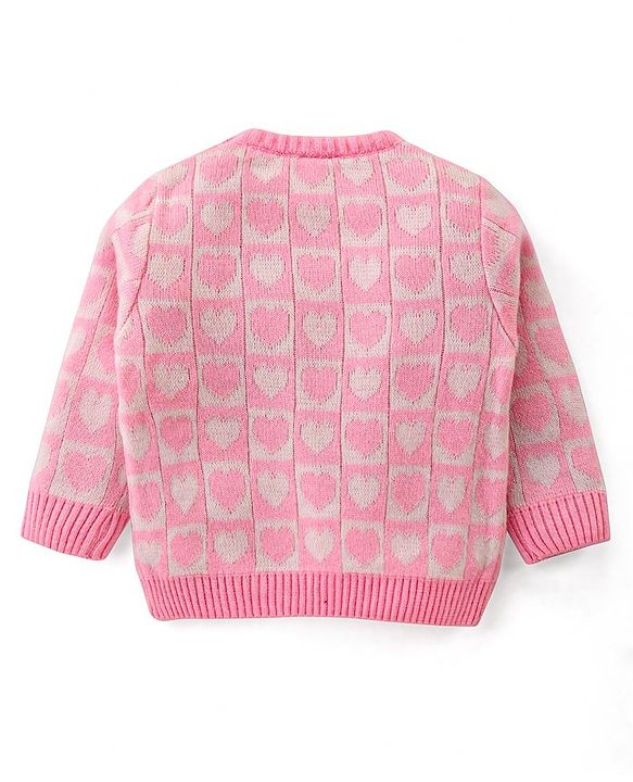 Babyhug Knitted Full Sleeves Pullover Sweater Set With Hearts Design - Light Pink