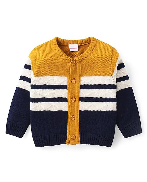 Babyhug Knitted Full Sleeves Front Open Striped Sweater Set - Navy Blue Yellow & White