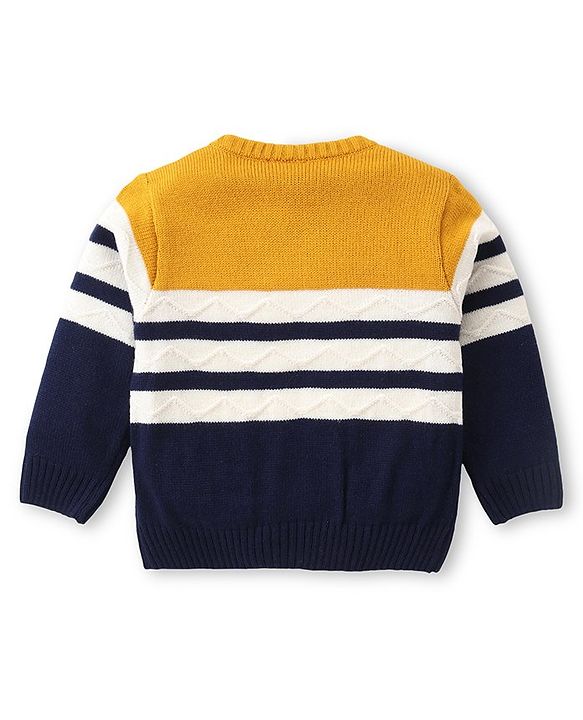 Babyhug Knitted Full Sleeves Front Open Striped Sweater Set - Navy Blue Yellow & White