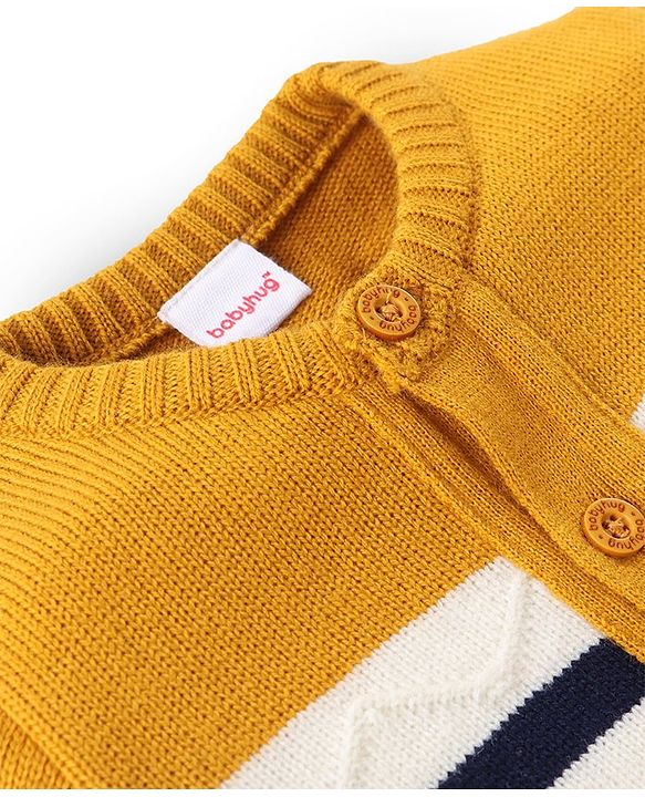 Babyhug Knitted Full Sleeves Front Open Striped Sweater Set - Navy Blue Yellow & White