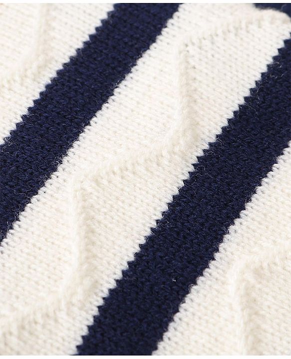 Babyhug Knitted Full Sleeves Front Open Striped Sweater Set - Navy Blue Yellow & White
