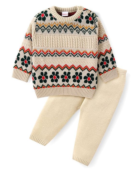 Babyhug Knitted Full Sleeves Floral Designed Pullover Sweater Set - Beige