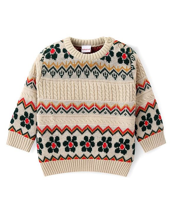 Babyhug Knitted Full Sleeves Floral Designed Pullover Sweater Set - Beige