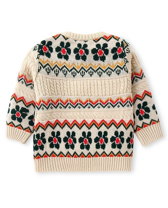Babyhug Knitted Full Sleeves Floral Designed Pullover Sweater Set - Beige