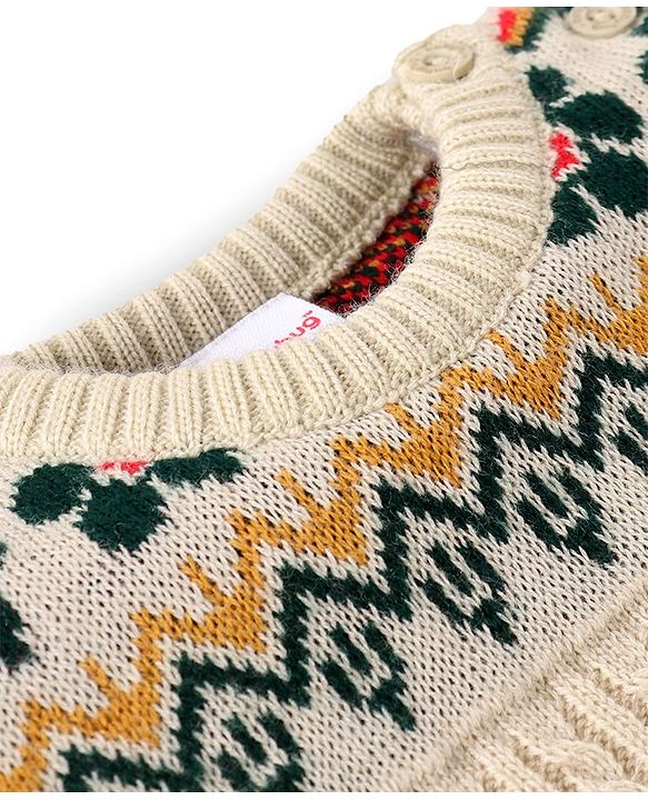 Babyhug Knitted Full Sleeves Floral Designed Pullover Sweater Set - Beige