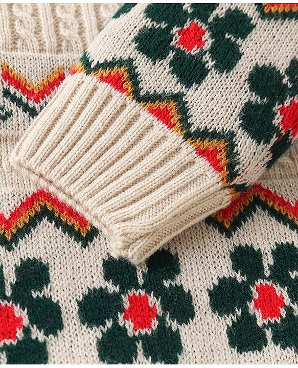 Babyhug Knitted Full Sleeves Floral Designed Pullover Sweater Set - Beige
